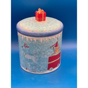 World Market blue ceramic 9" Christmas cookie jar Santa Claus Sleigh Reindeer